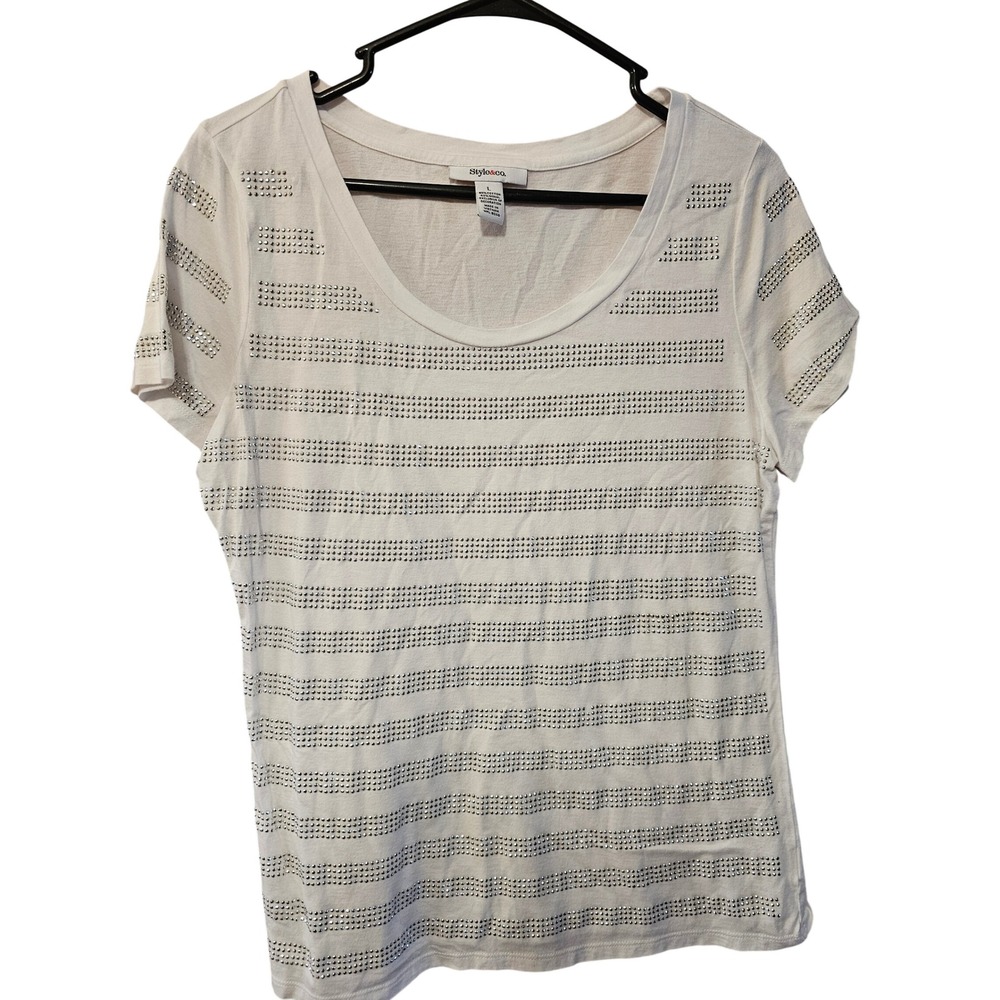 Style & Co Womens White Studded Embellished Scoop Neck T-Shirt Size L